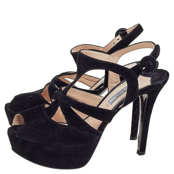 Prada Black Suede Peep Toe Slingback Platform Sandals Size 37.5 - Picture 4 of 4
